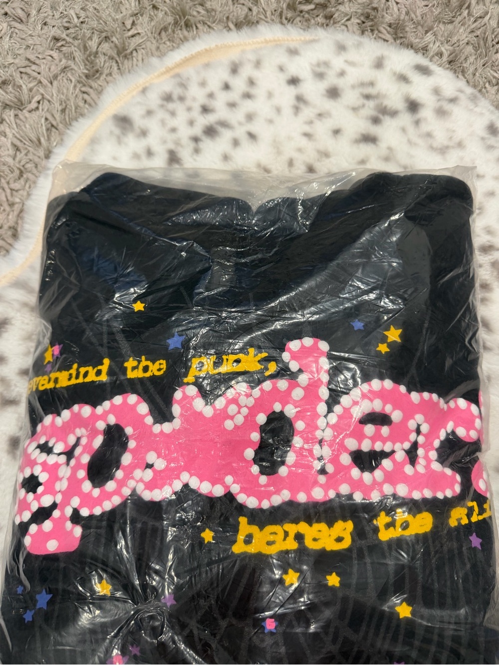 Black Graphic Hoodie with Pink Logo and Star Accents